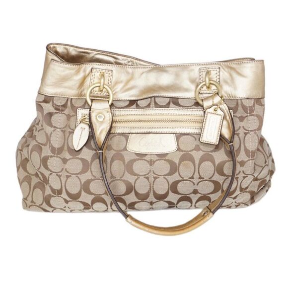Coach Handbags - Coach Penelope Signature Logo Monogram Khaki Tote with Gold Leather Trim, F15533
